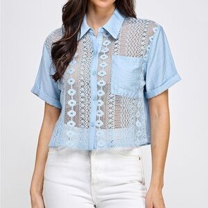 Light Blue Lace Button Down Shirt